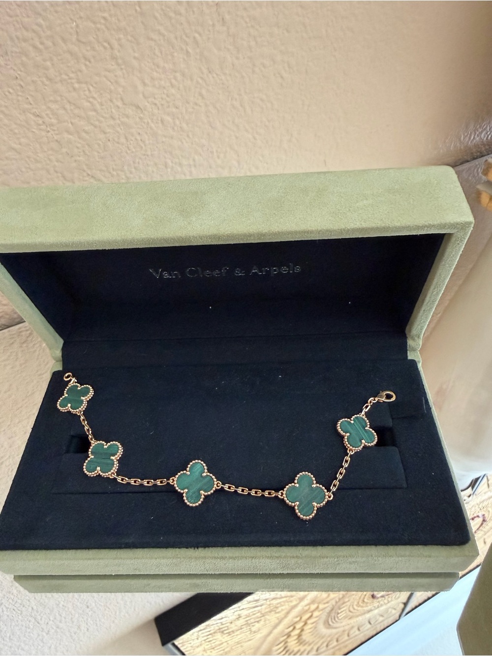 Van Cleef & Arpels Gold Bracelet with Green Alhambra Motifs